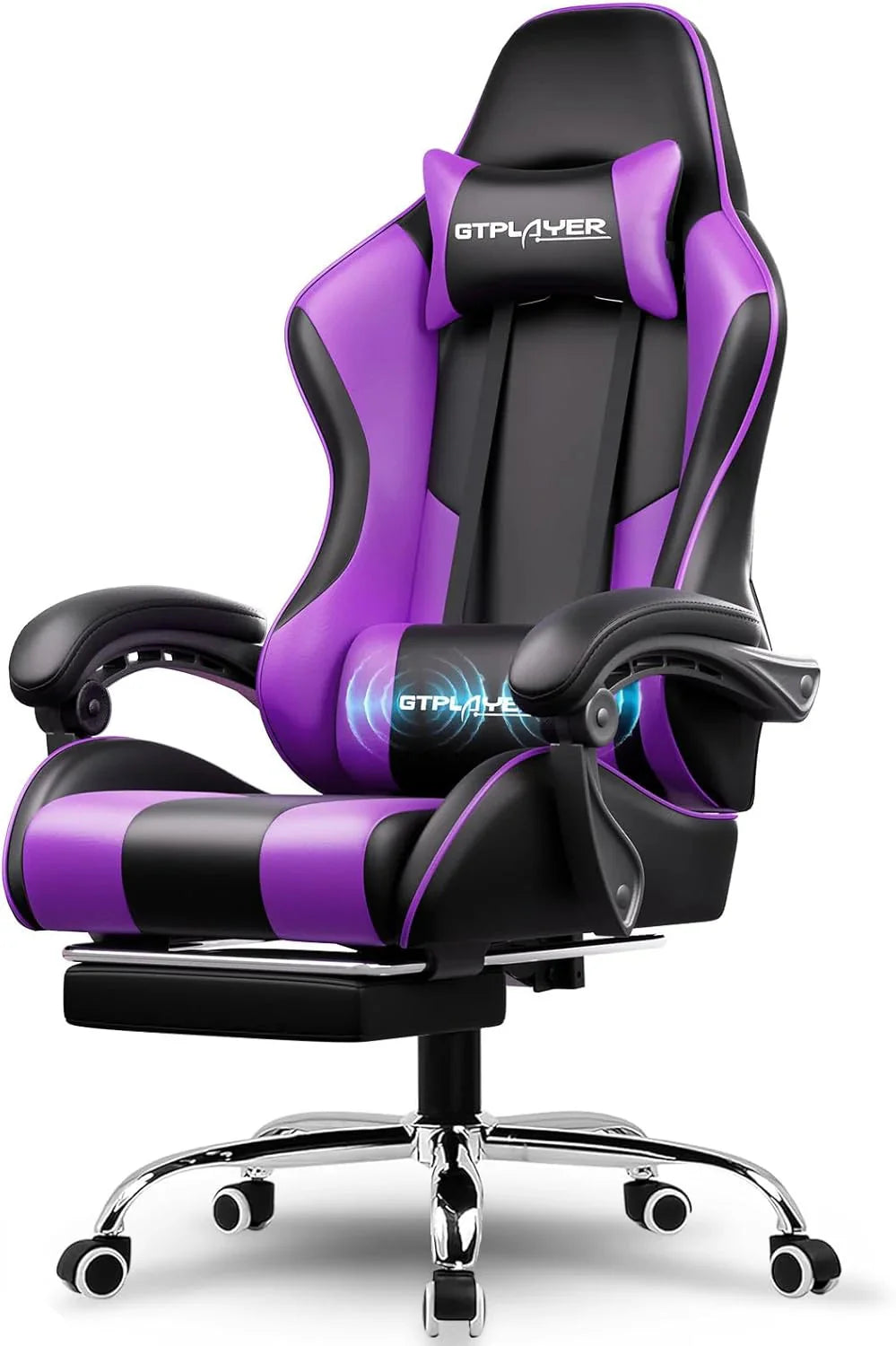GTPLAYER Gaming Chair With Footrest, Lumbar Support, Headrest, Height Adjustment, White