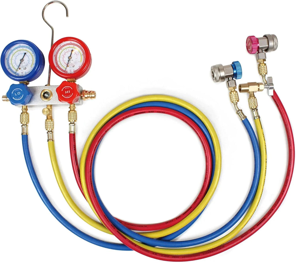 BACOENG HVAC/Auto AC Vacuum Pump And Manifold Gauge Set With 3 x 150 cm Hoses - R134A R410A R407C R32