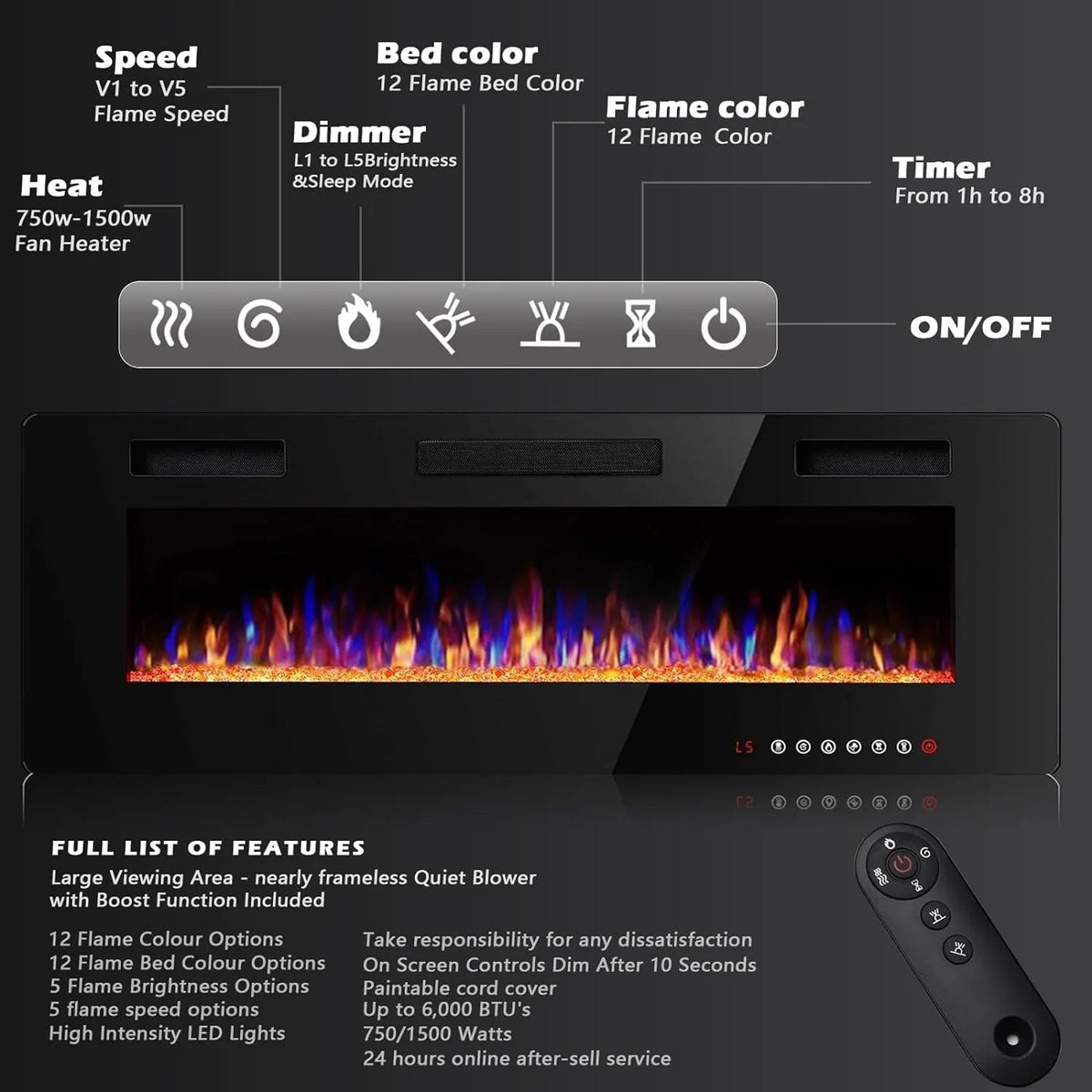 Ultra-Thin Linear Electric Fireplace, 30-72 Inch, Wall Mounted/Recessed