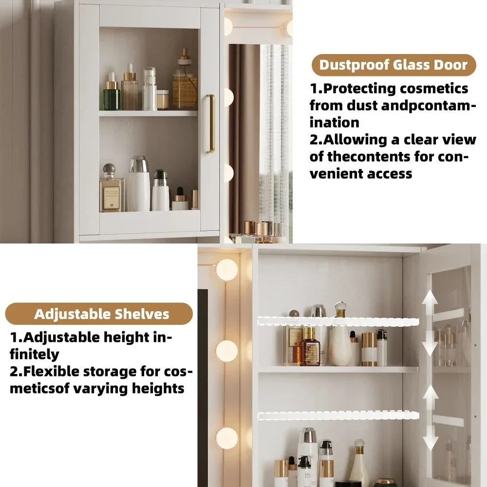 UGTOO Makeup Vanity Desk With Mirror And Lights, 58.27 in, 10 Adjustable LED Bulbs, 8 Drawers, 2 Cabinets, White