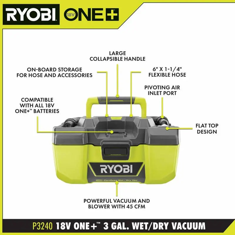 RYOBI ONE+ 18V 3 Gal. Project Wet/Dry Vacuum With Accessory Storage - P3240