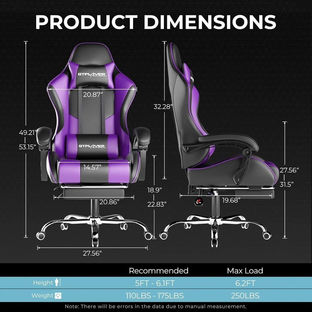GTPLAYER Gaming Chair With Footrest, Lumbar Support, Headrest, Height Adjustment, White