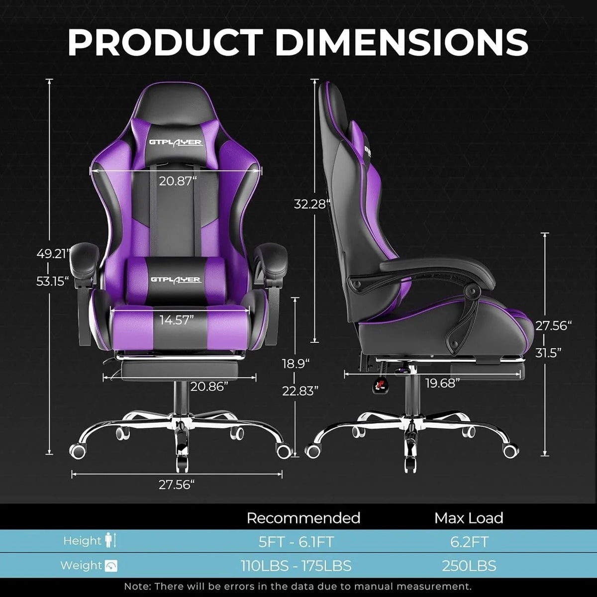GTPLAYER Gaming Chair With Footrest, Lumbar Support, Headrest, Height Adjustment, White
