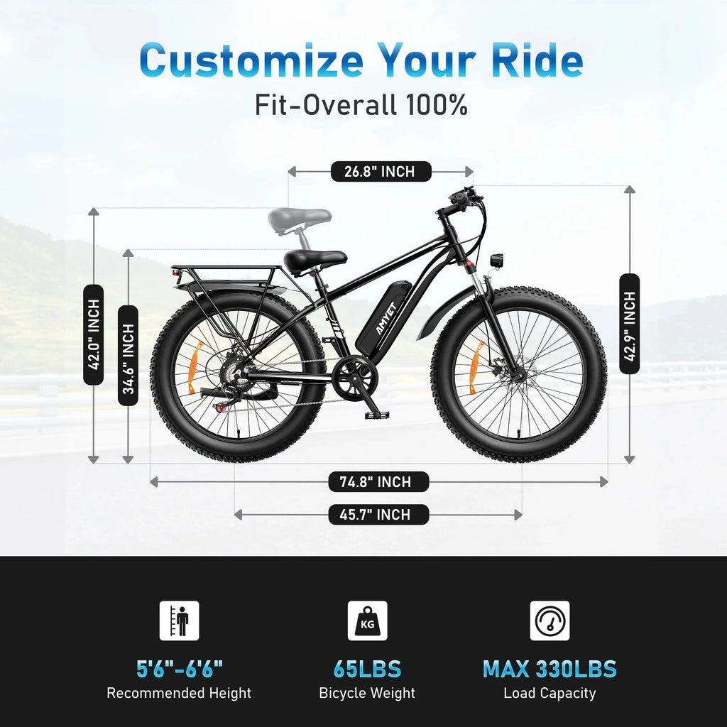AMYET 26 x 4 Fat Tire Electric Mountain Bike, 48V 15Ah, 7-Speed - EB26