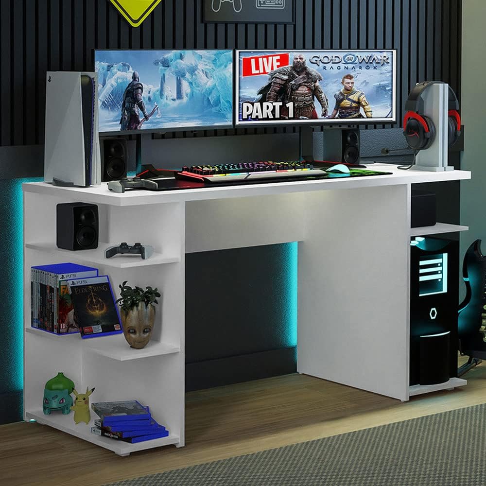 Madesa Gaming Computer Desk 53 Inch With 5 Shelves Cable Management - White