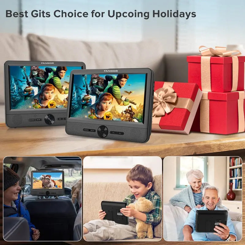 Fangor Dual Screen Portable Car DVD Player With 2 Headrest Brackets
