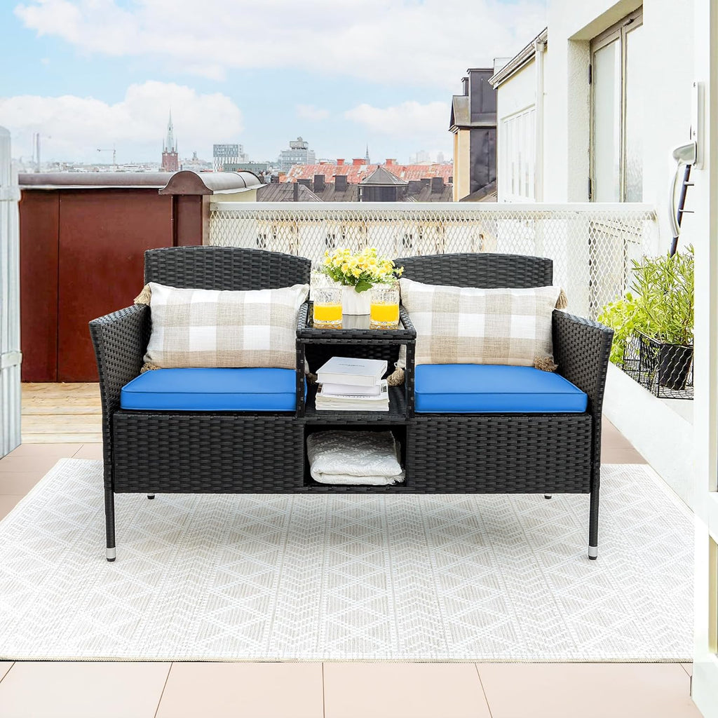 Flamaker Outdoor Wicker Patio Loveseat With Built-In Table And Cushions, Beige - 49.2 x 21.3 x 30.9 in