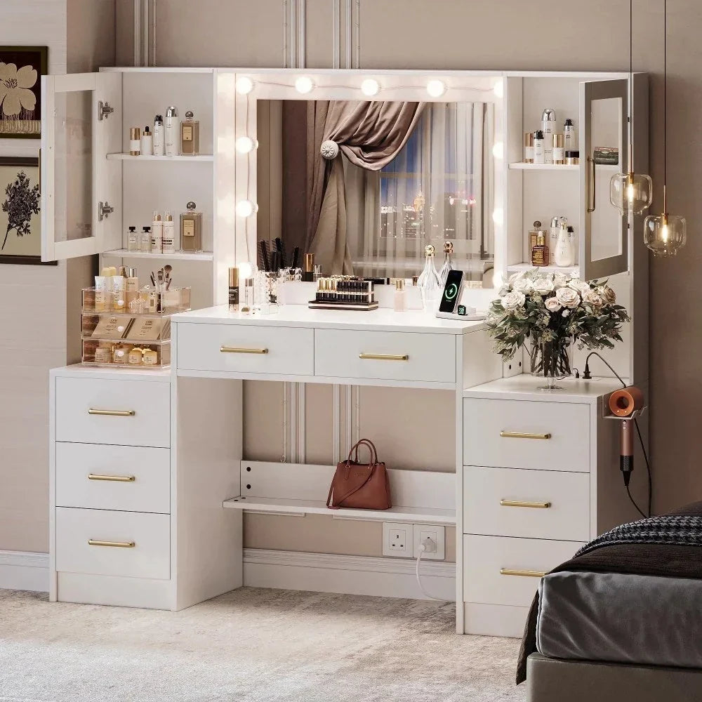 UGTOO Makeup Vanity Desk With Mirror And Lights, 58.27 in, 10 Adjustable LED Bulbs, 8 Drawers, 2 Cabinets, White