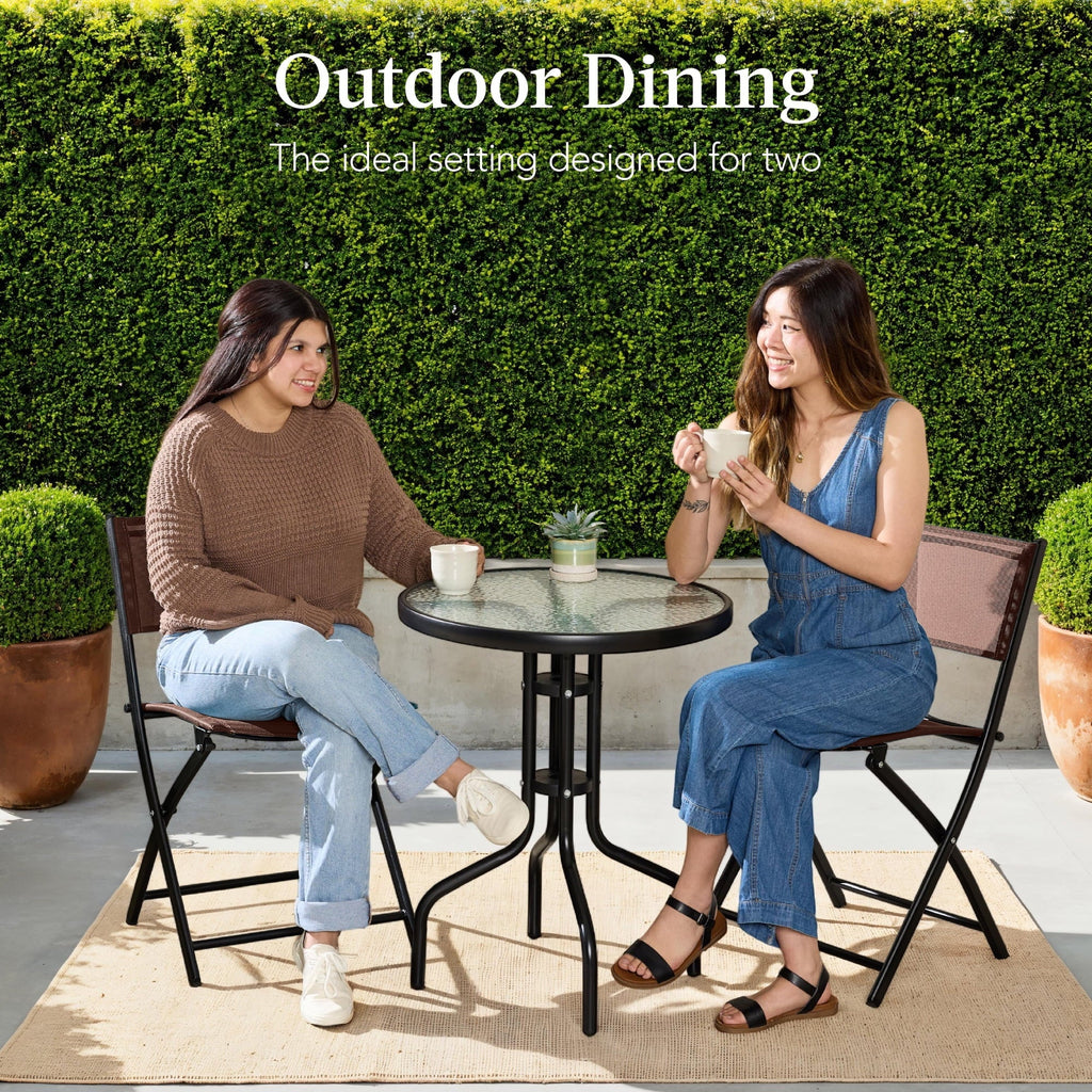 Best Choice Products 3-Piece Patio Bistro Dining Set With Glass Tabletop And Folding Chairs - Gray