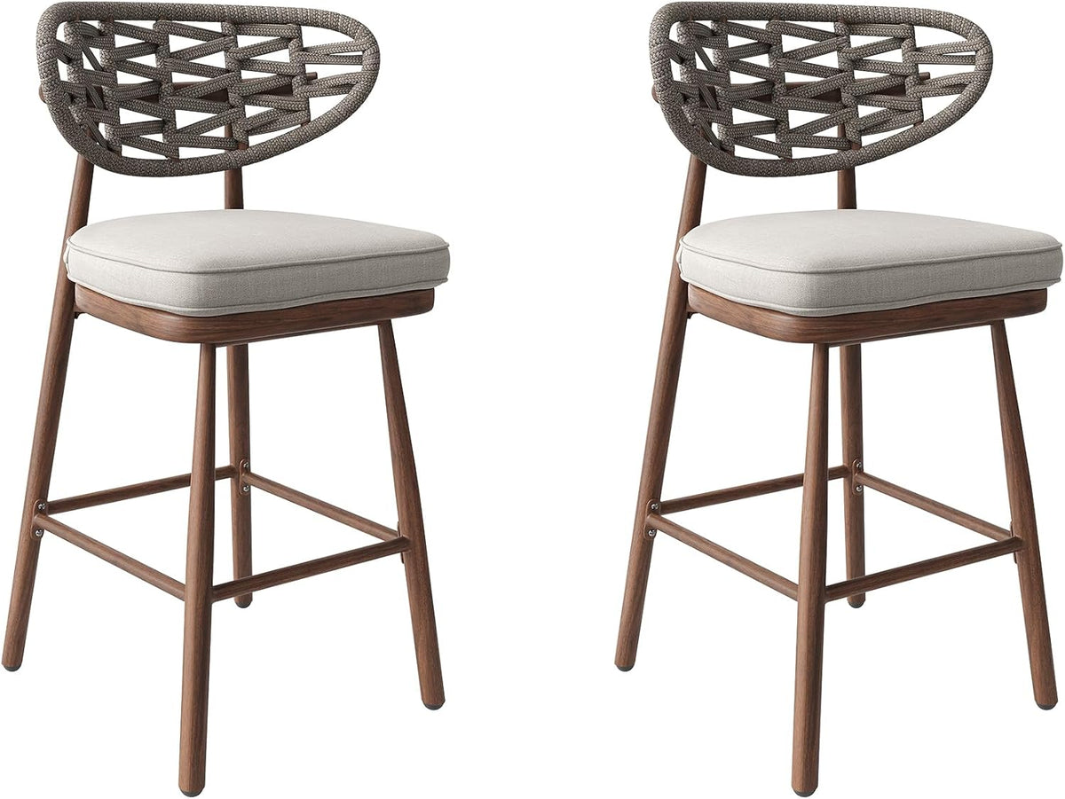Outdoor Rattan Woven Bar Stools Set Of 2, 29 Inch Bar Height, Teak - Aluminum