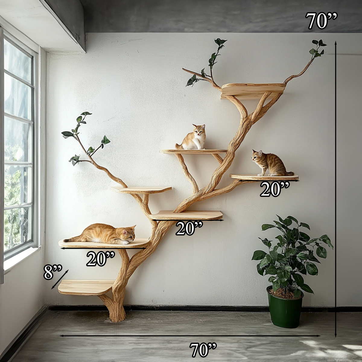 Wooden Cat Tree Tower, Natural Branch Design for Living Rooms