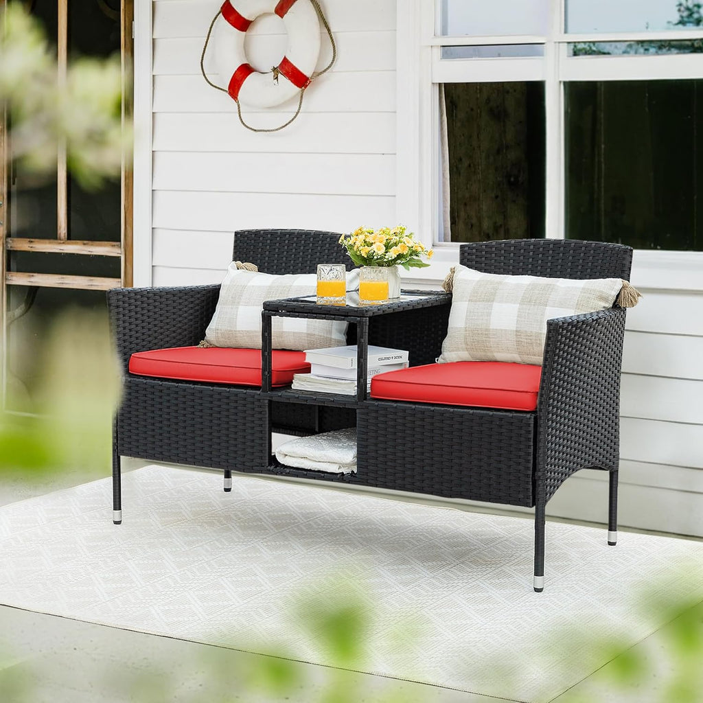 Flamaker Outdoor Wicker Patio Loveseat With Built-In Table And Cushions, Beige - 49.2 x 21.3 x 30.9 in
