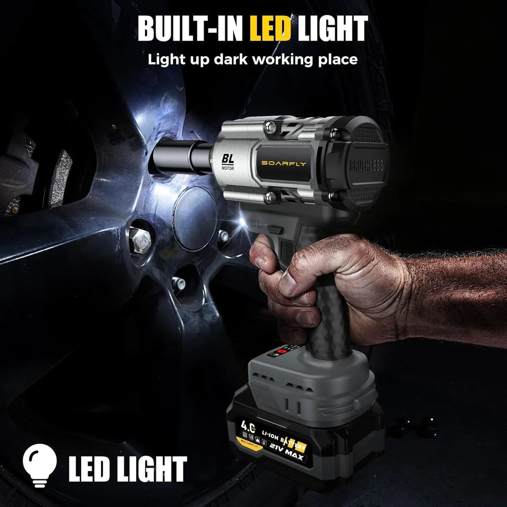 Cordless 1/2 Inch Impact Wrench, 1200Nm, 21V Brushless With 2 4.0Ah Batteries And 5 Sockets