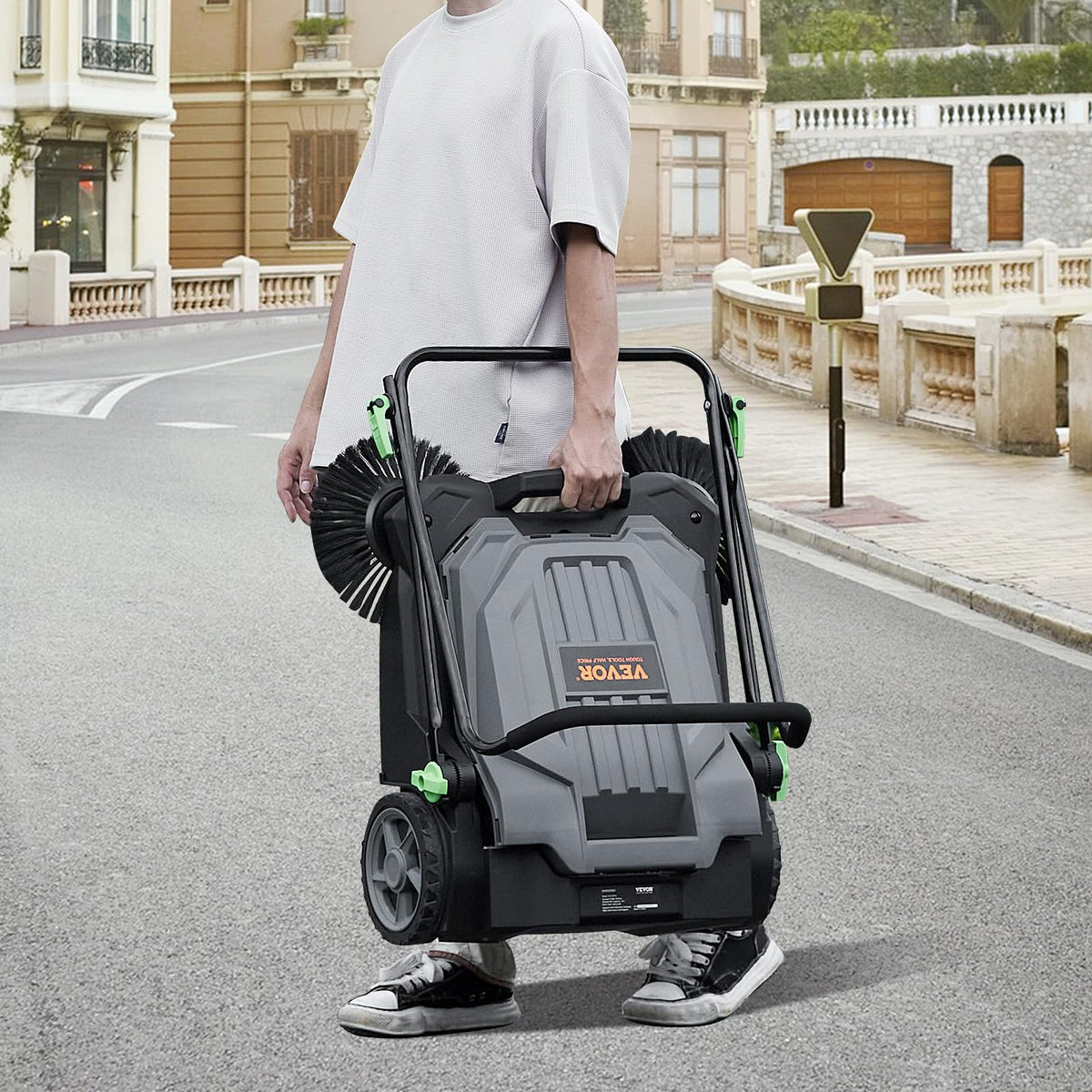 Walk-Behind Hand Push Floor Sweeper, 25.6-Inch Sweeping Path, 5-Gallon Waste Container