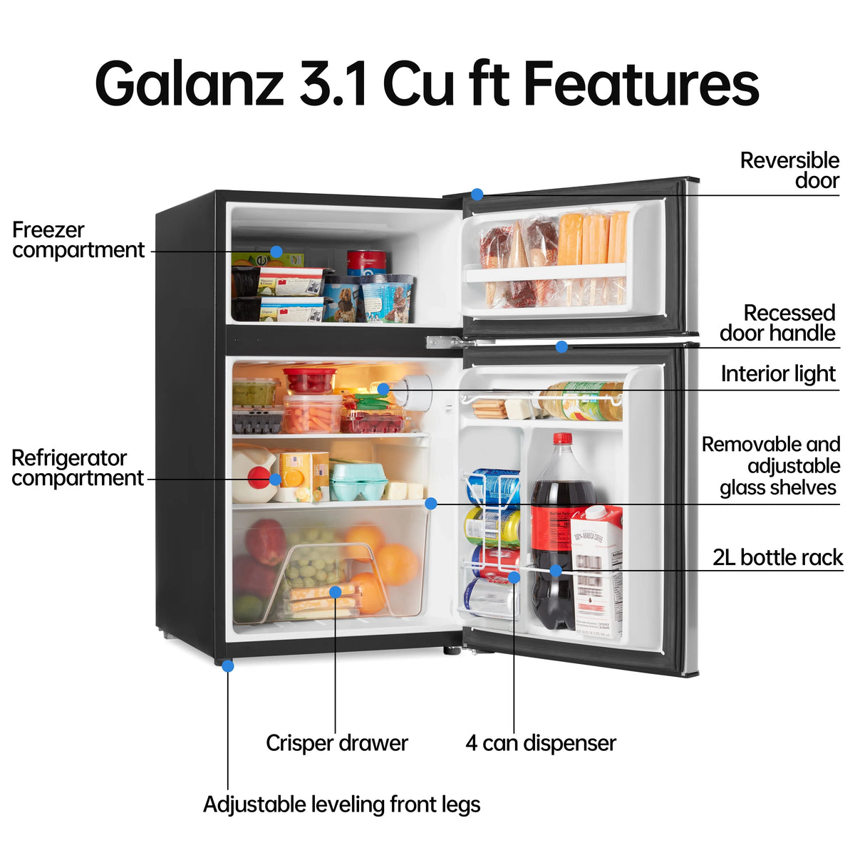 Galanz Two Door Mini Fridge, 3.1 Cu Ft, Black