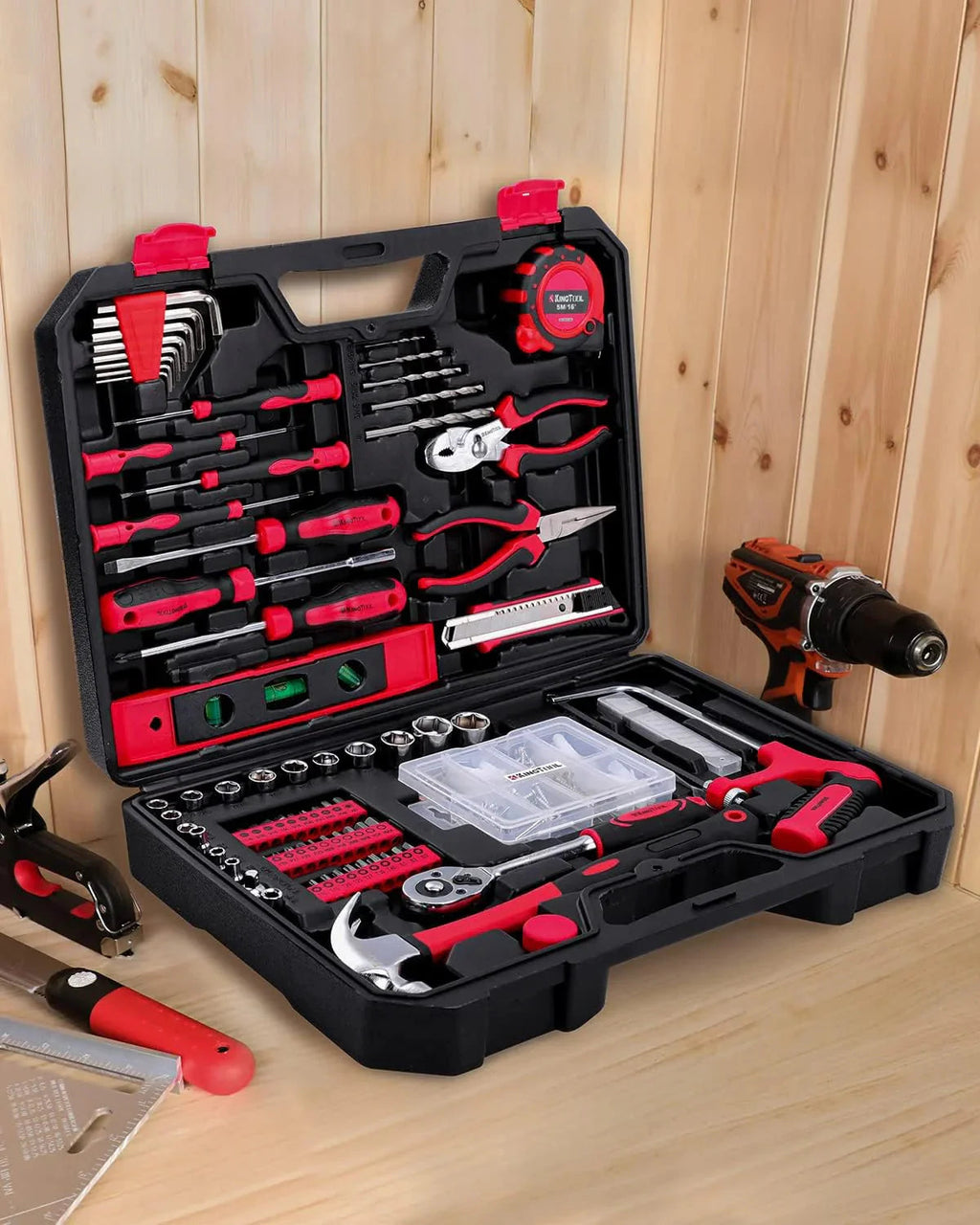 KINGTOOL 286-Piece Home Auto Repair Tool Set With Rolling Tool Box And 21V Max Cordless Power Drill