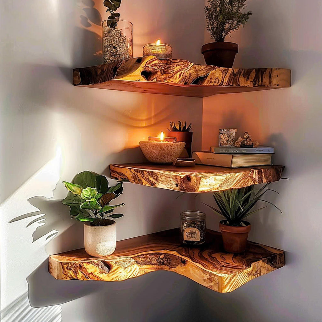 Corner Wall Shelf, Mid Century Floating Bookcase in Natural Wood