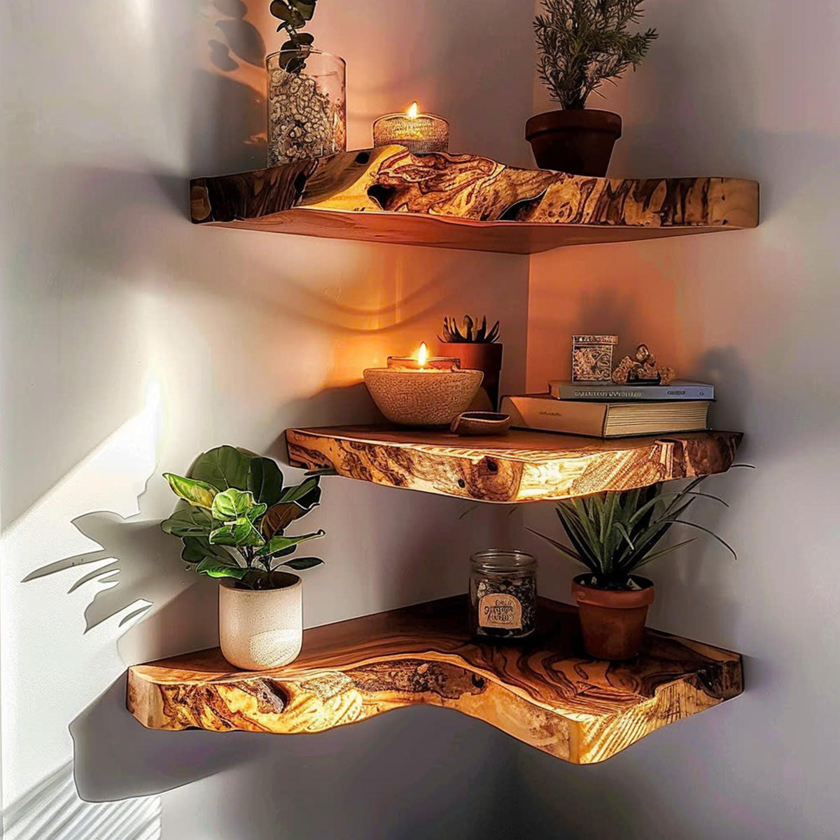 Corner Wall Shelf, Mid Century Floating Bookcase in Natural Wood