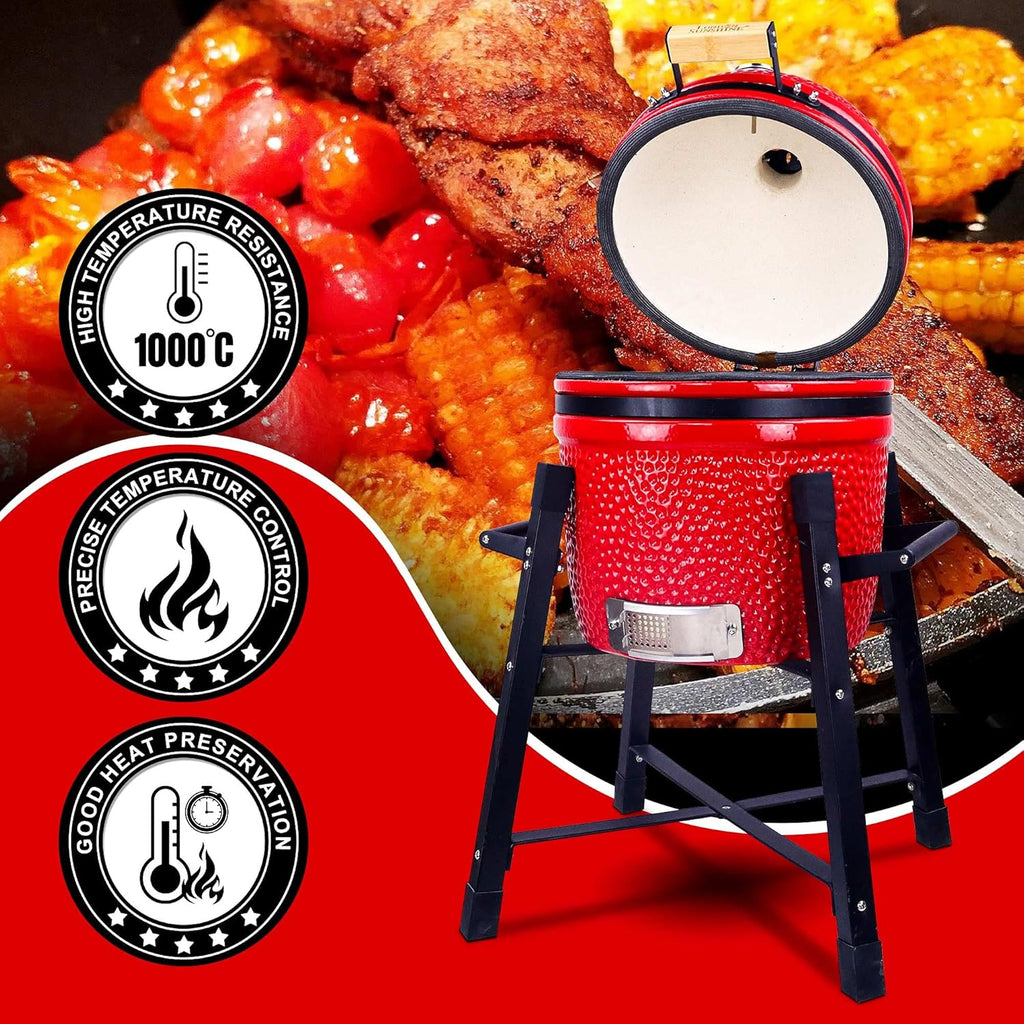 Ceramic Kamado Charcoal Grill And Smoker, 15 inch Ceramic, Green - With Tall Stand