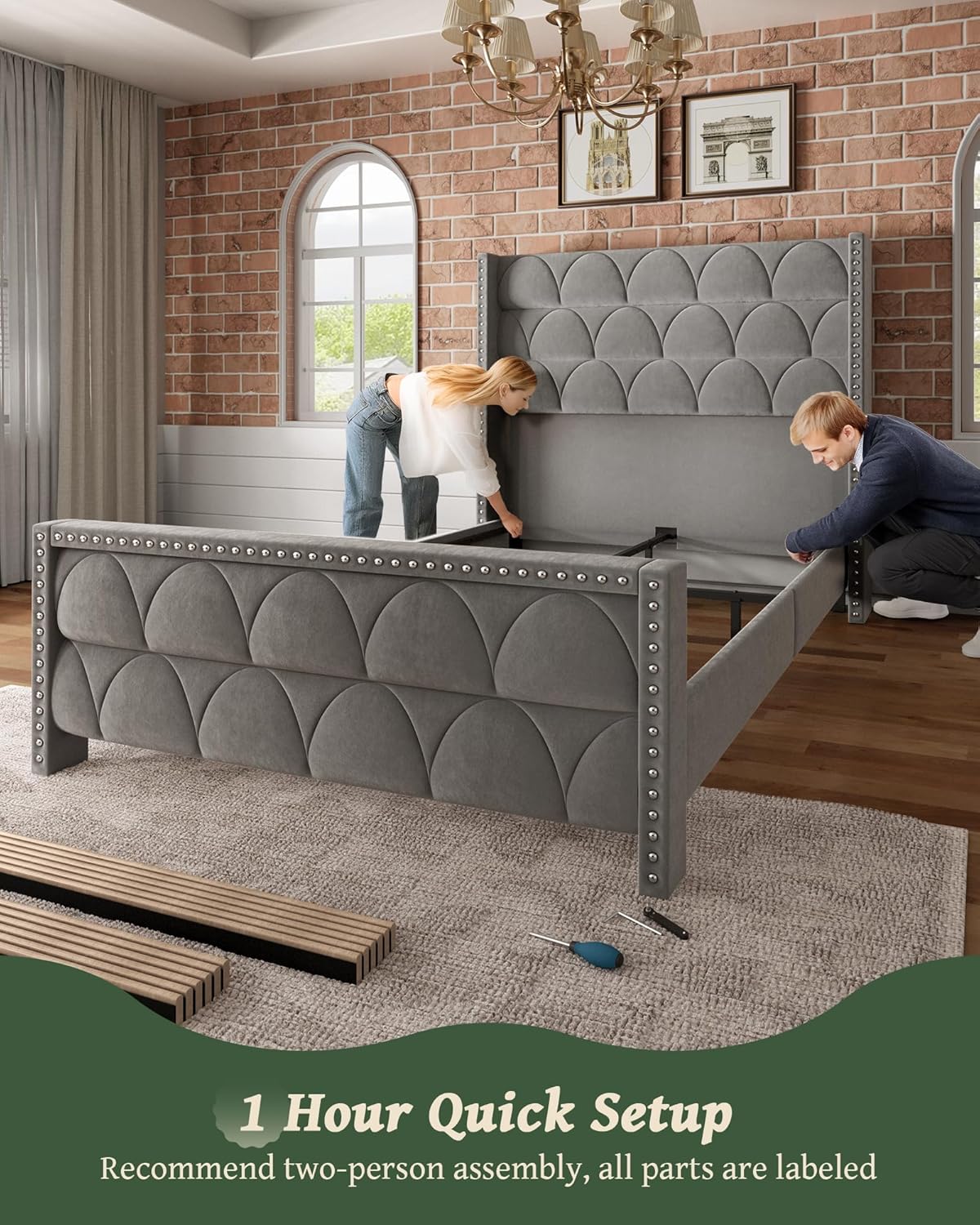 King Size Velvet Upholstered Wingback Platform Bed Frame, 1000LBS Capacity, Deep Gray - 56in Headboard