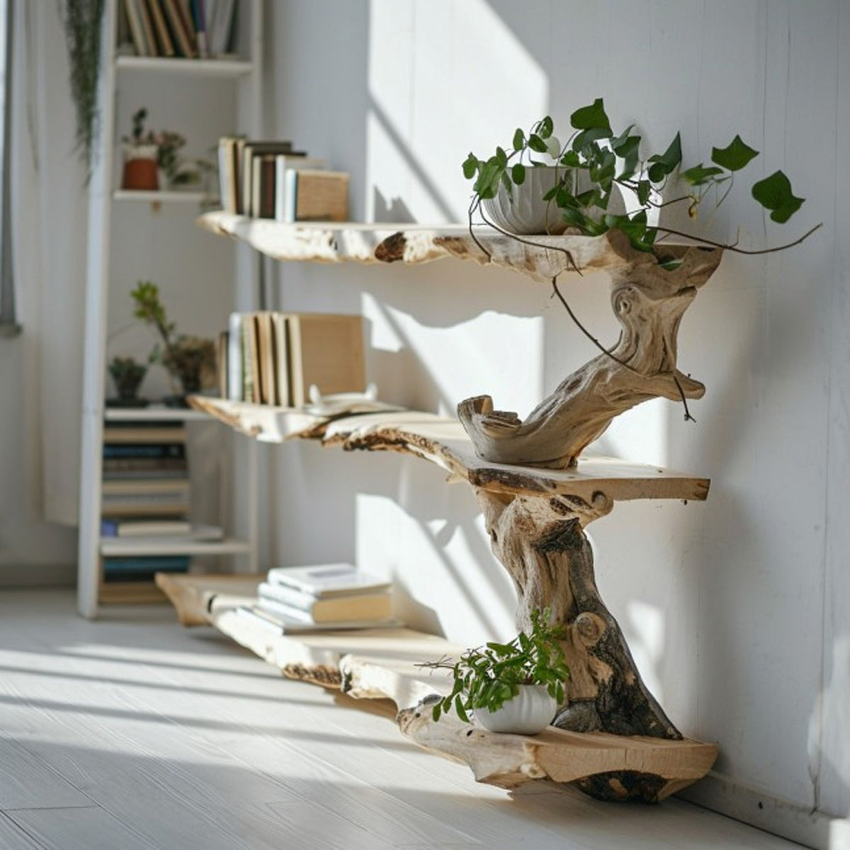 Standing Tree Branch Corner Shelf, Farmhouse Live Edge Display