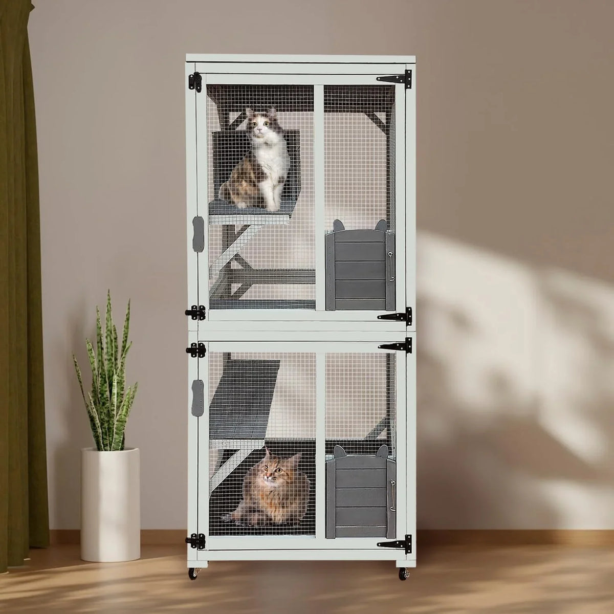 Wooden Outdoor Cat House With 7 Platforms, 2 Rest Boxes And Rainproof Roof - White 62.6-inch Model