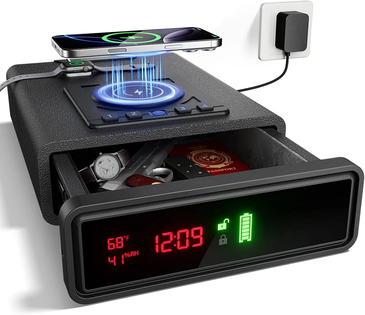 Smart Biometric Nightstand Safe With Wireless Charging, LED Display And 3 Access Methods - Black