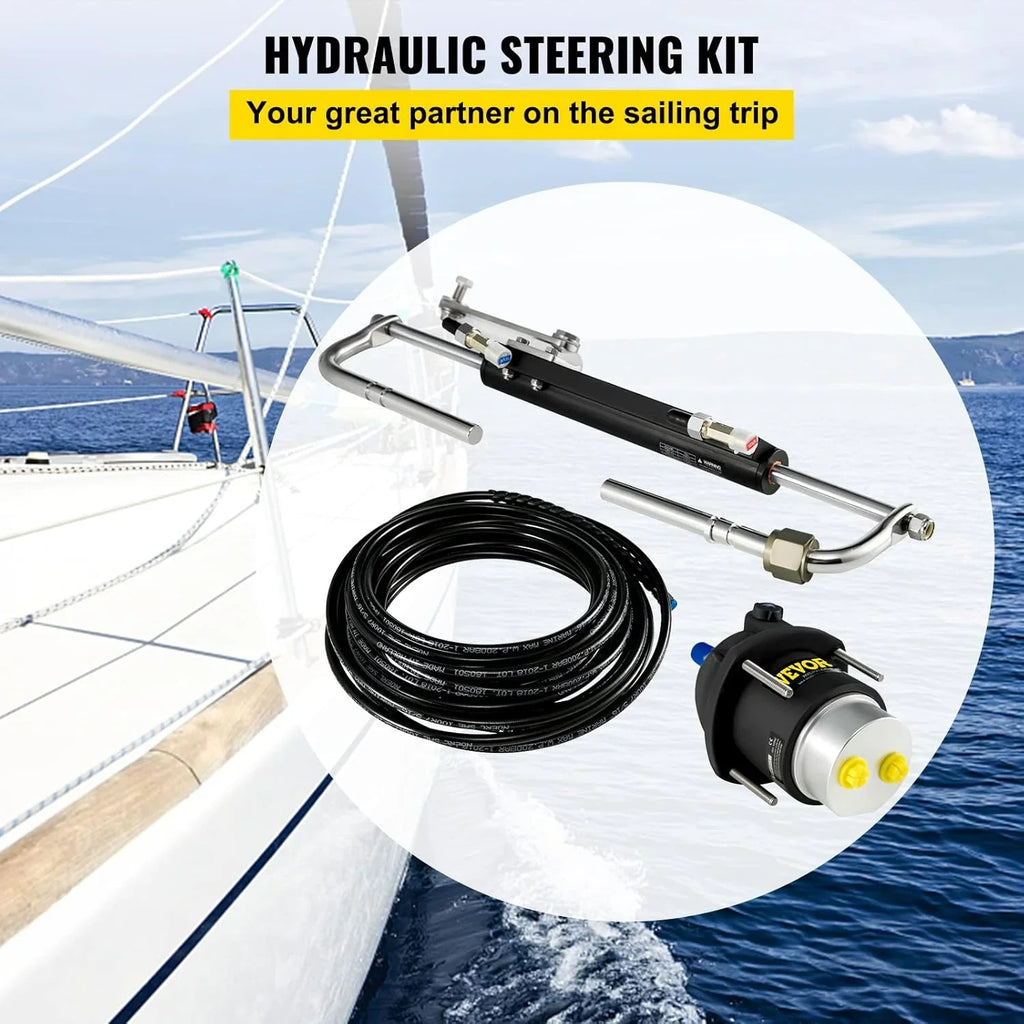 Hydraulic Outboard Steering System Kit, 90 HP, 20ft Hose, Black Aluminum