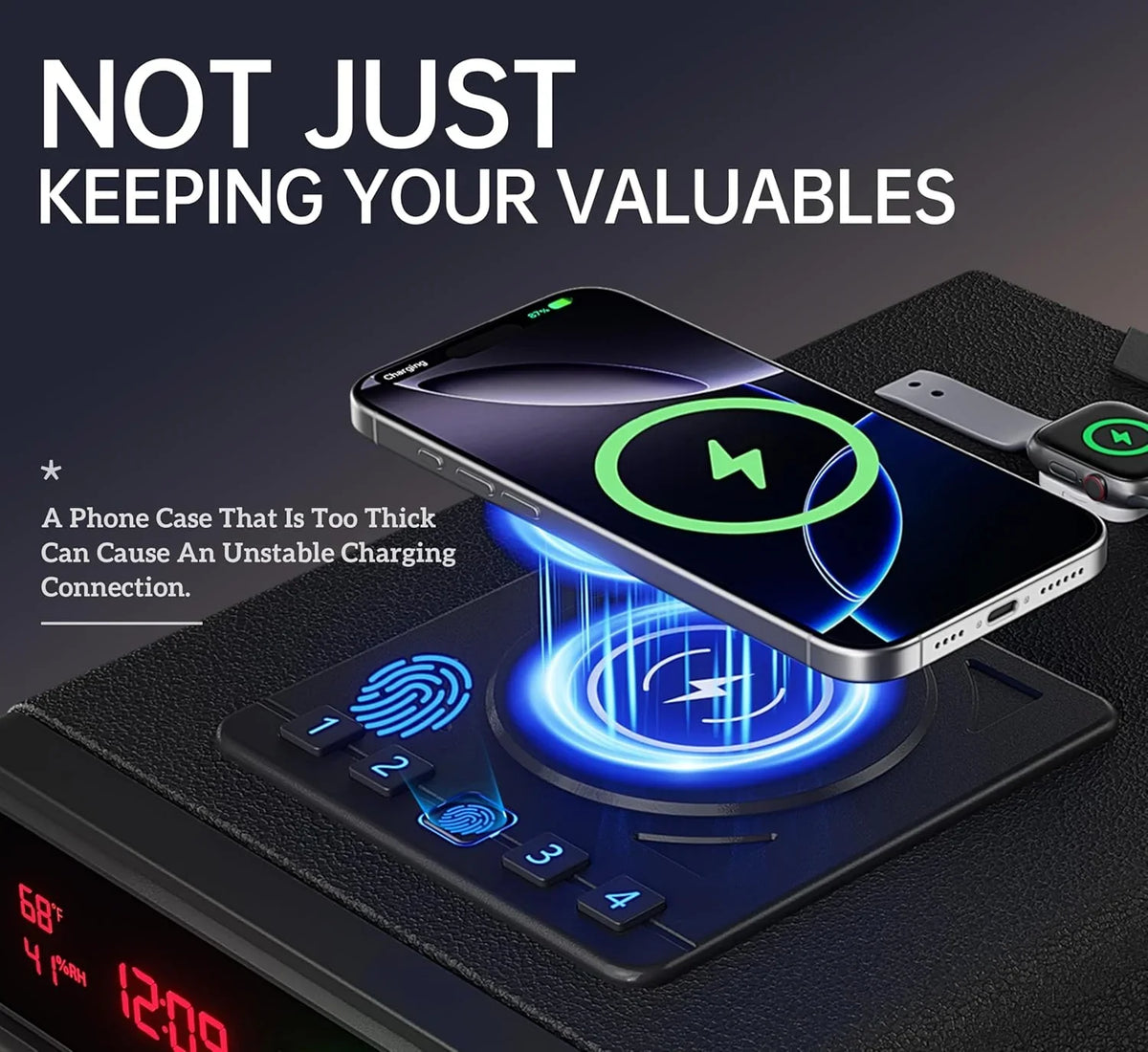 Smart Biometric Nightstand Safe With Wireless Charging, LED Display And 3 Access Methods - Black