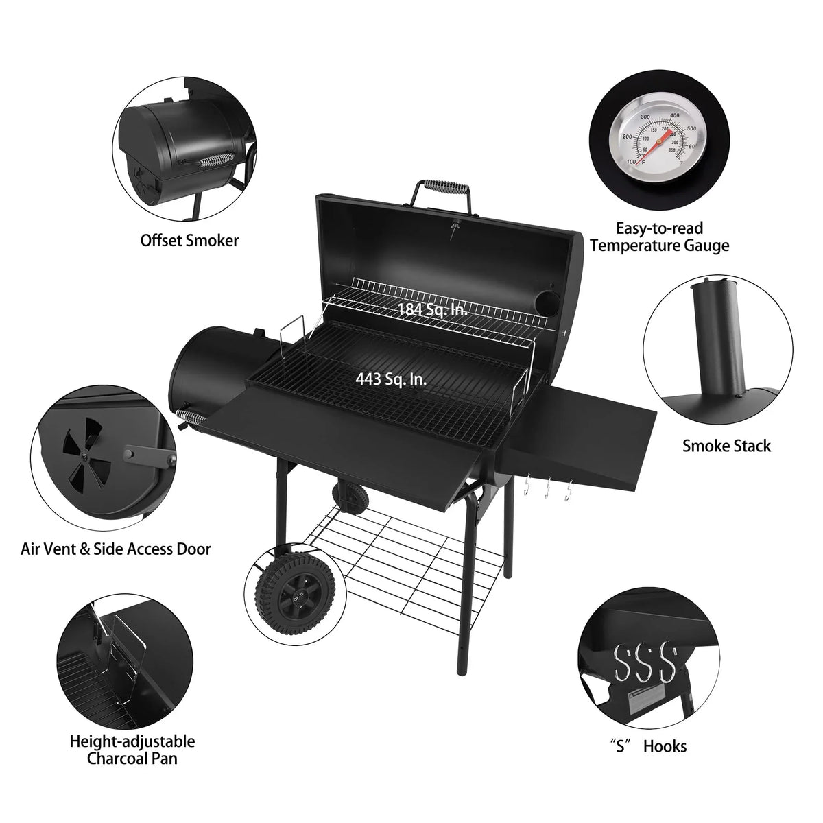 Gourmet 30in Charcoal Grill And Offset Smoker - Black