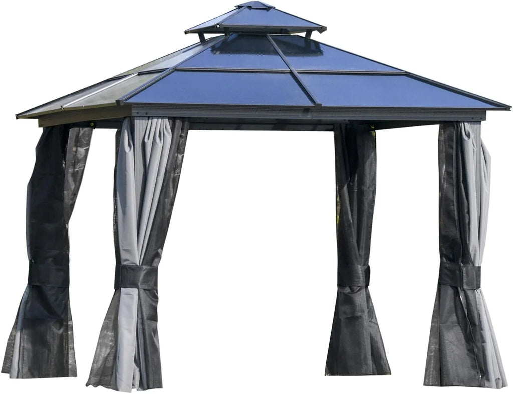 Hard-Top Outdoor Gazebo Canopy, Polycarbonate Roof, Aluminum Frame, 10 Feet X 12 Feet, Light Gray