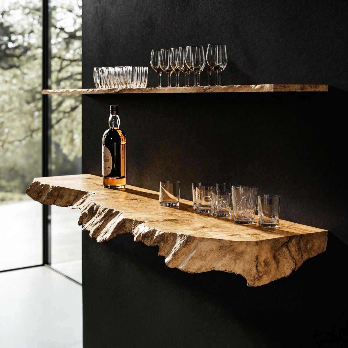 Floating Bar Shelf, Rustic Natural Wood Wall Shelf for Home Bars
