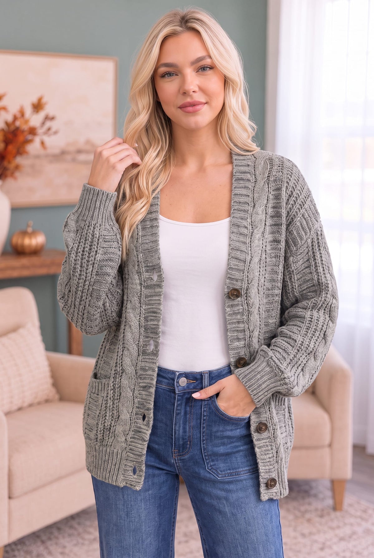 Beach Bonfire Button Down Cardigan in Olive - view 2