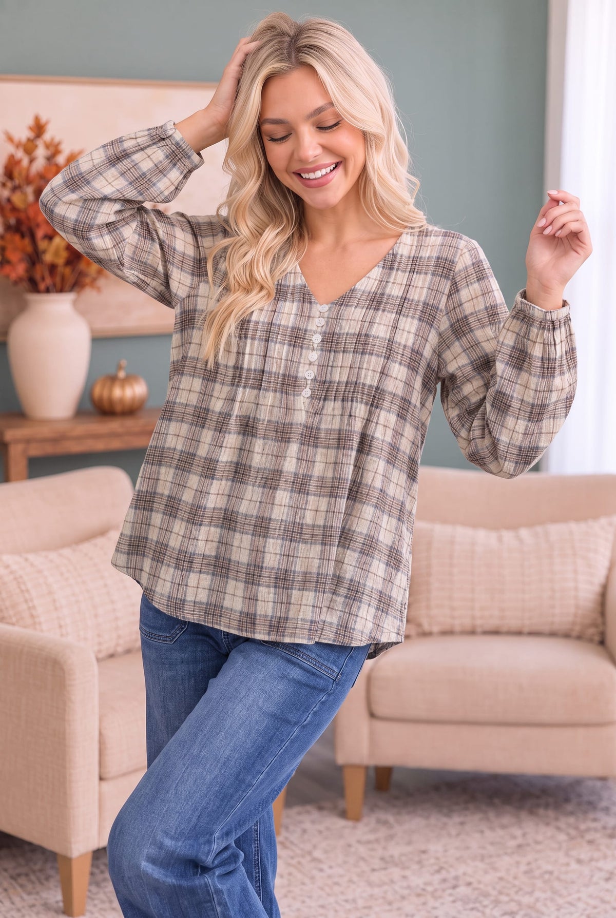 All in Check Pintuck Button Front Blouse - view 3