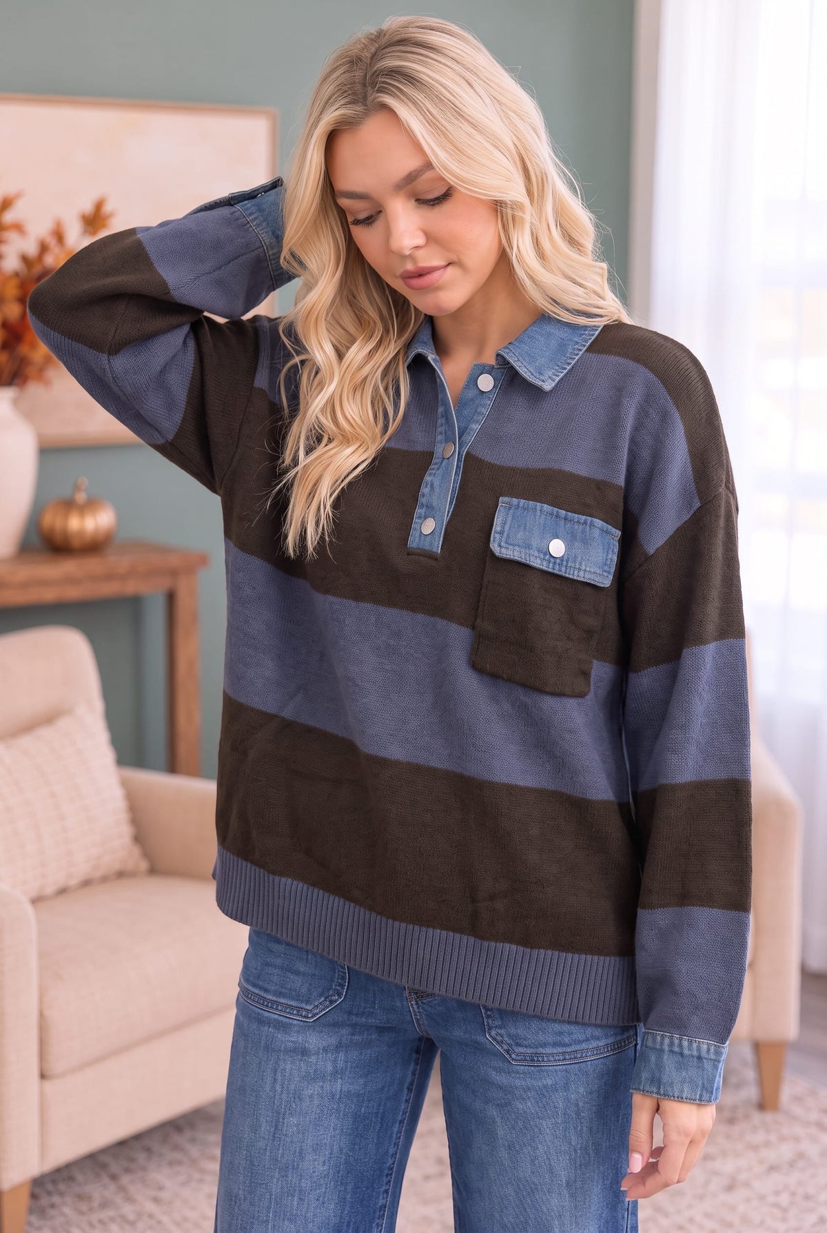Blueberry Fields Striped Denim Collar Sweater - view 2