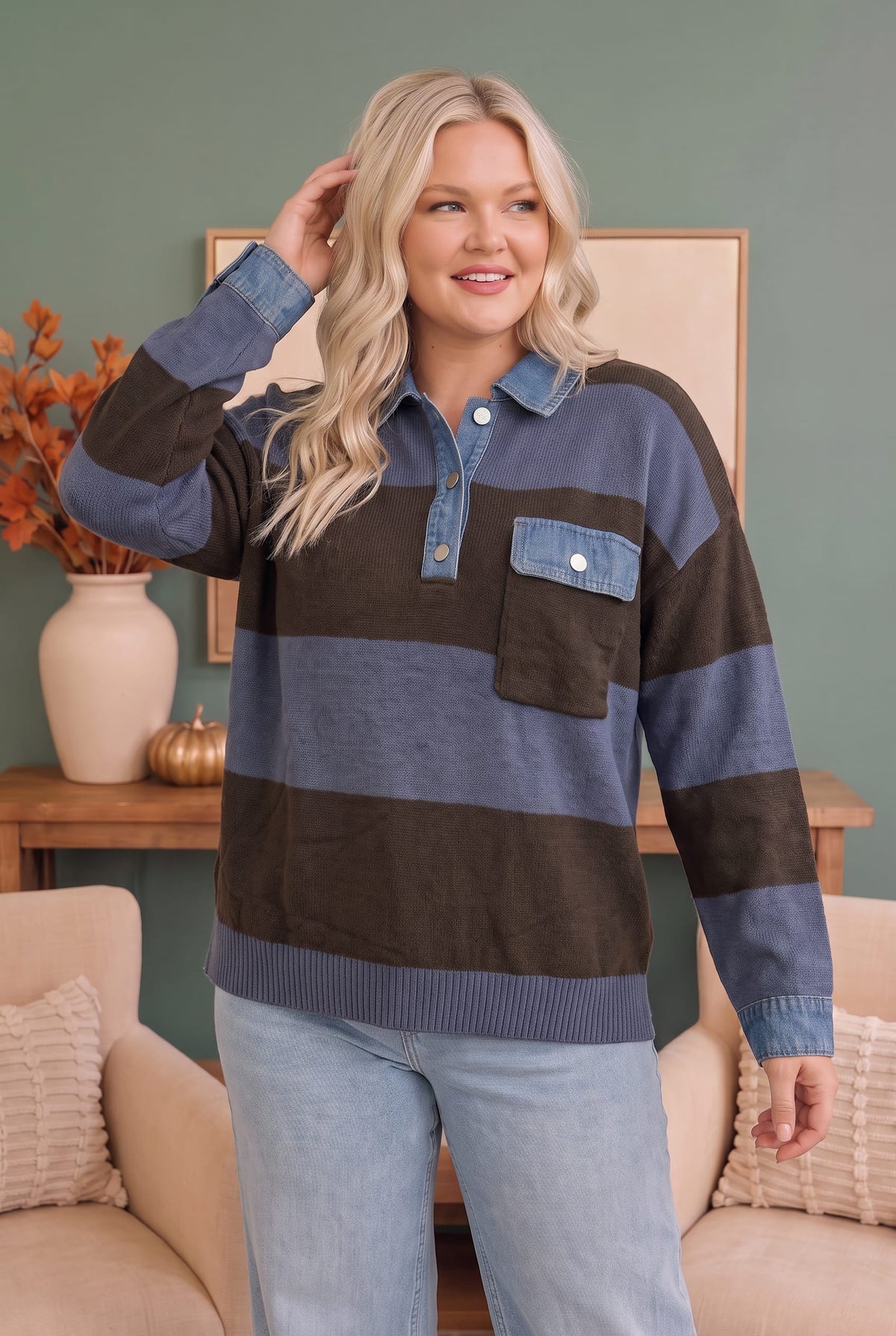 Blueberry Fields Striped Denim Collar Sweater - view 4