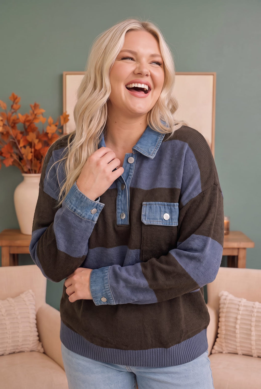 Blueberry Fields Striped Denim Collar Sweater - view 5