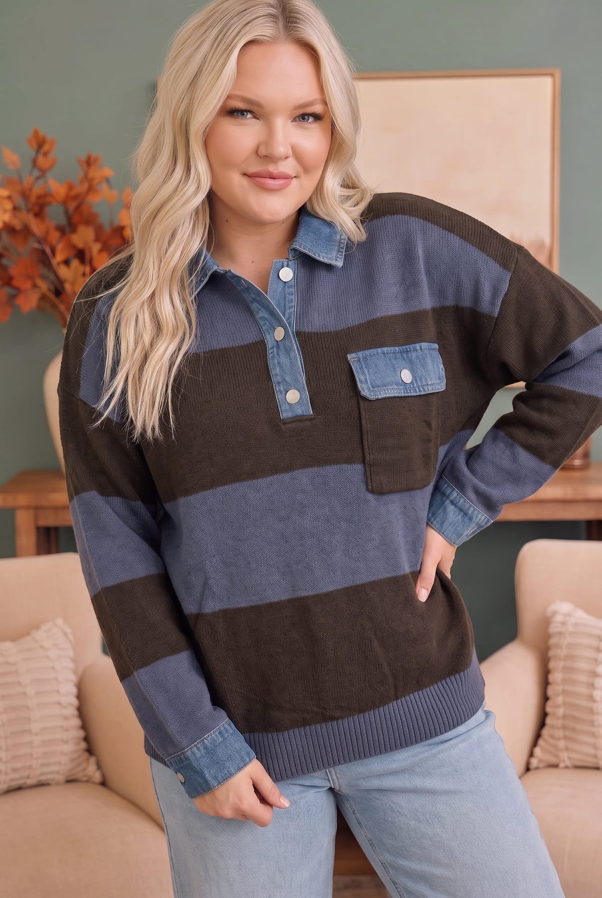 Blueberry Fields Striped Denim Collar Sweater - view 6