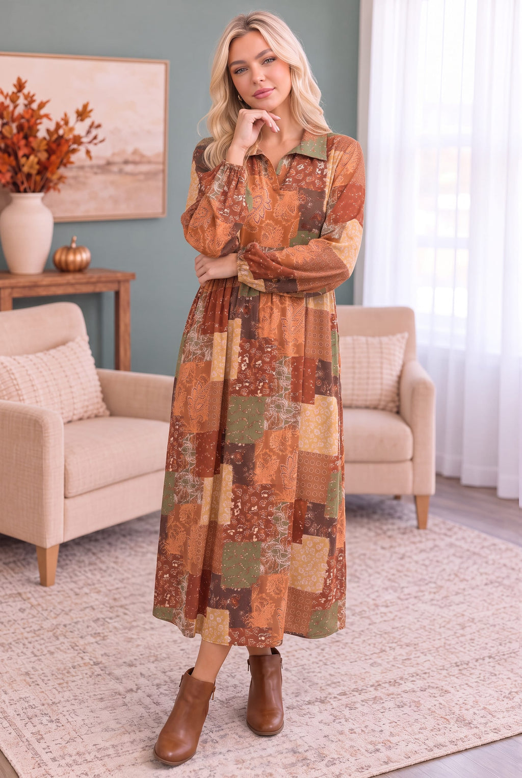 Patchwork Dreams Long Sleeve Midi Dress - view 2