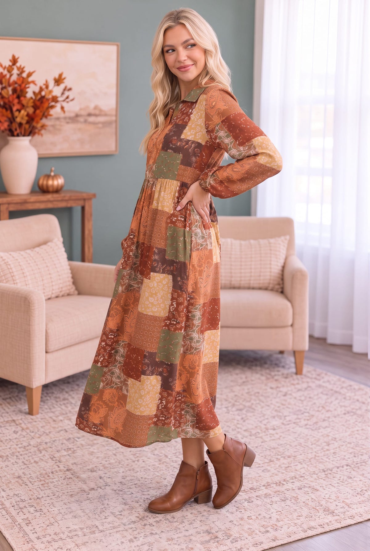 Patchwork Dreams Long Sleeve Midi Dress - view 3