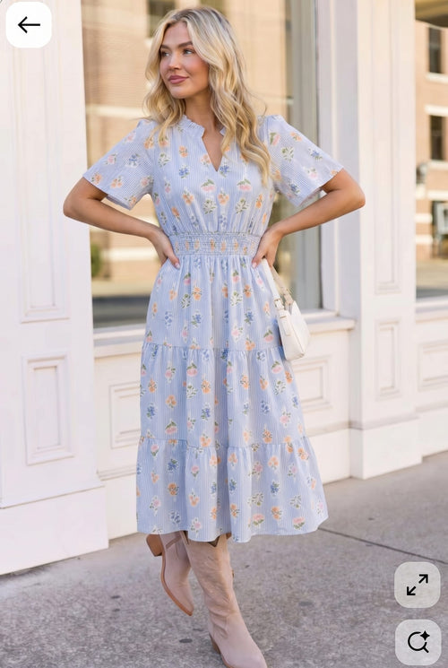 Flutter Into Late Summer Sweet Striped Floral Midi - view 2