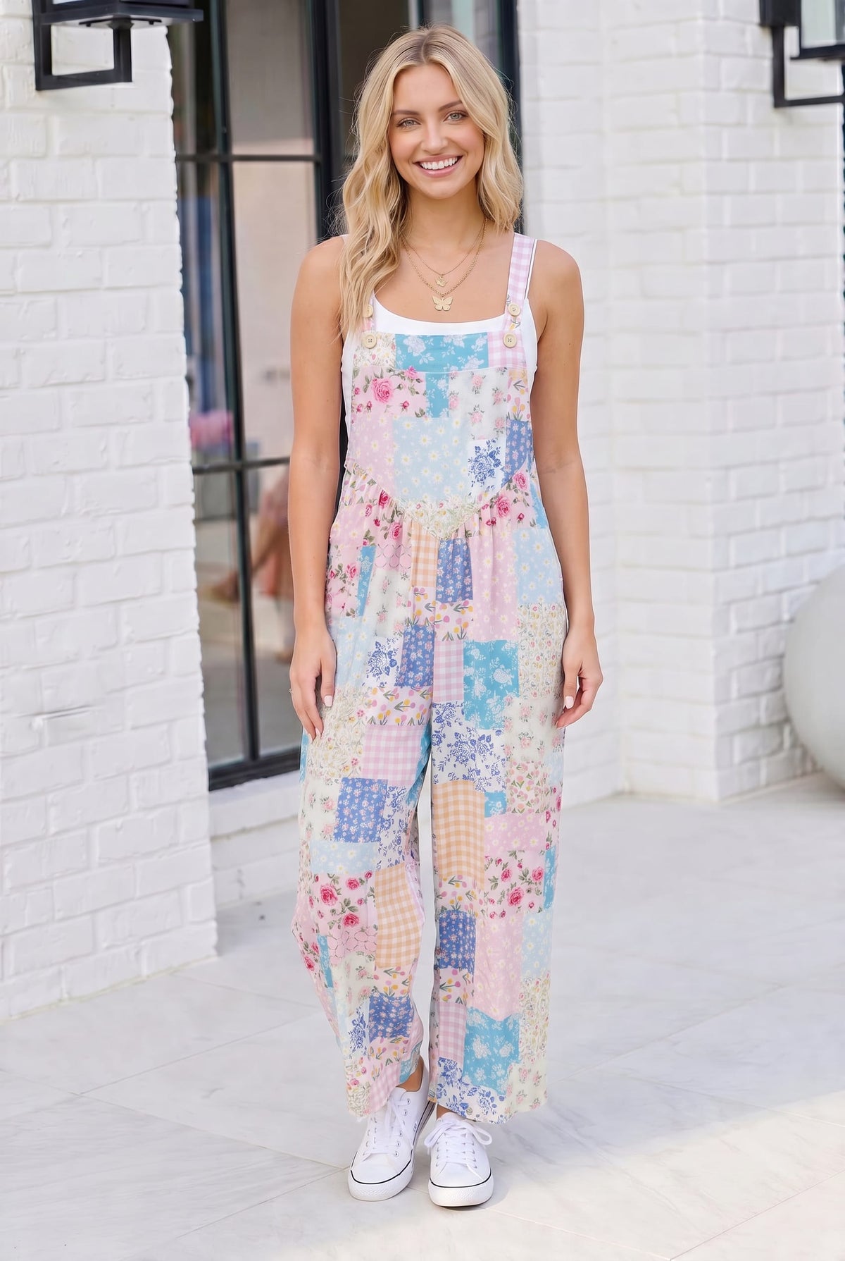 Pastel Patchwork Floral Wide Leg Overalls - view 3