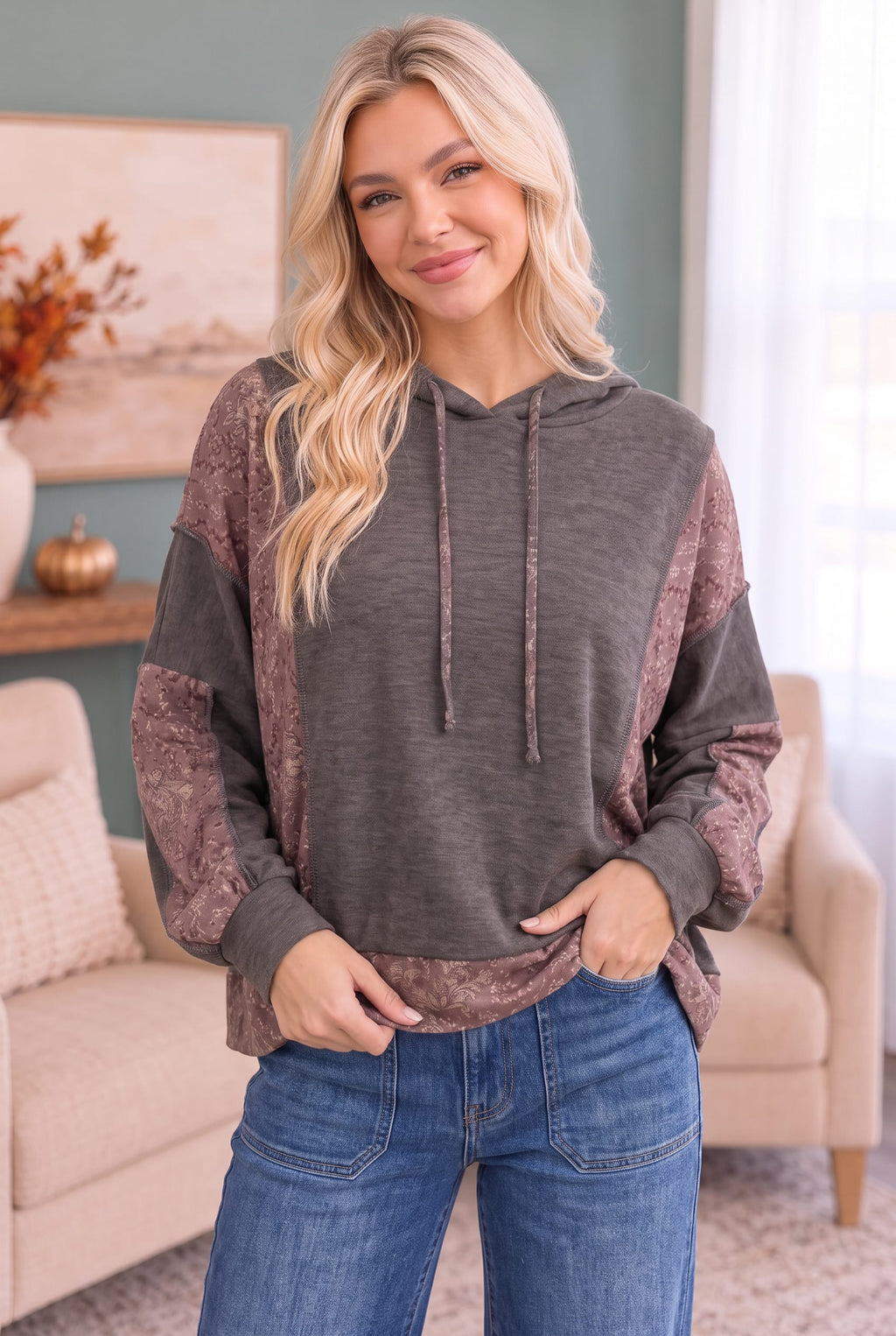 Mix and Match Patchwork Drawstring Hoodie - view 2
