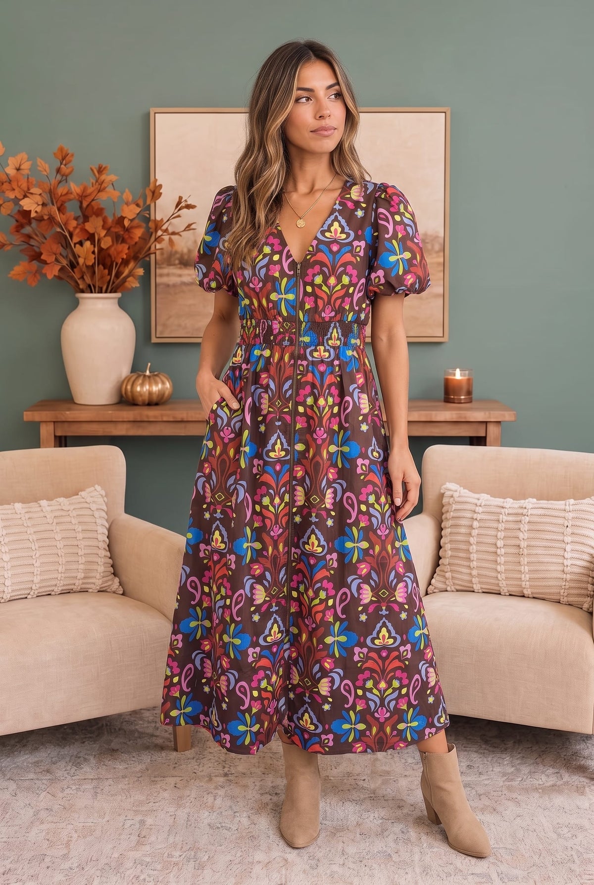 Groovy Garden Zip Front Floral Midi Dress - view 3