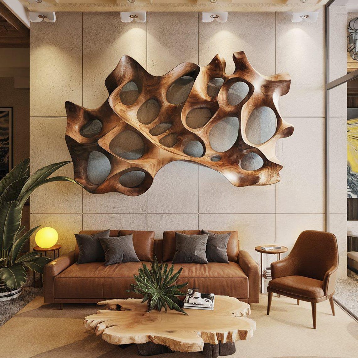 Carved Wood Wall Art, Boho Rustic Wall Sculpture for Living Room