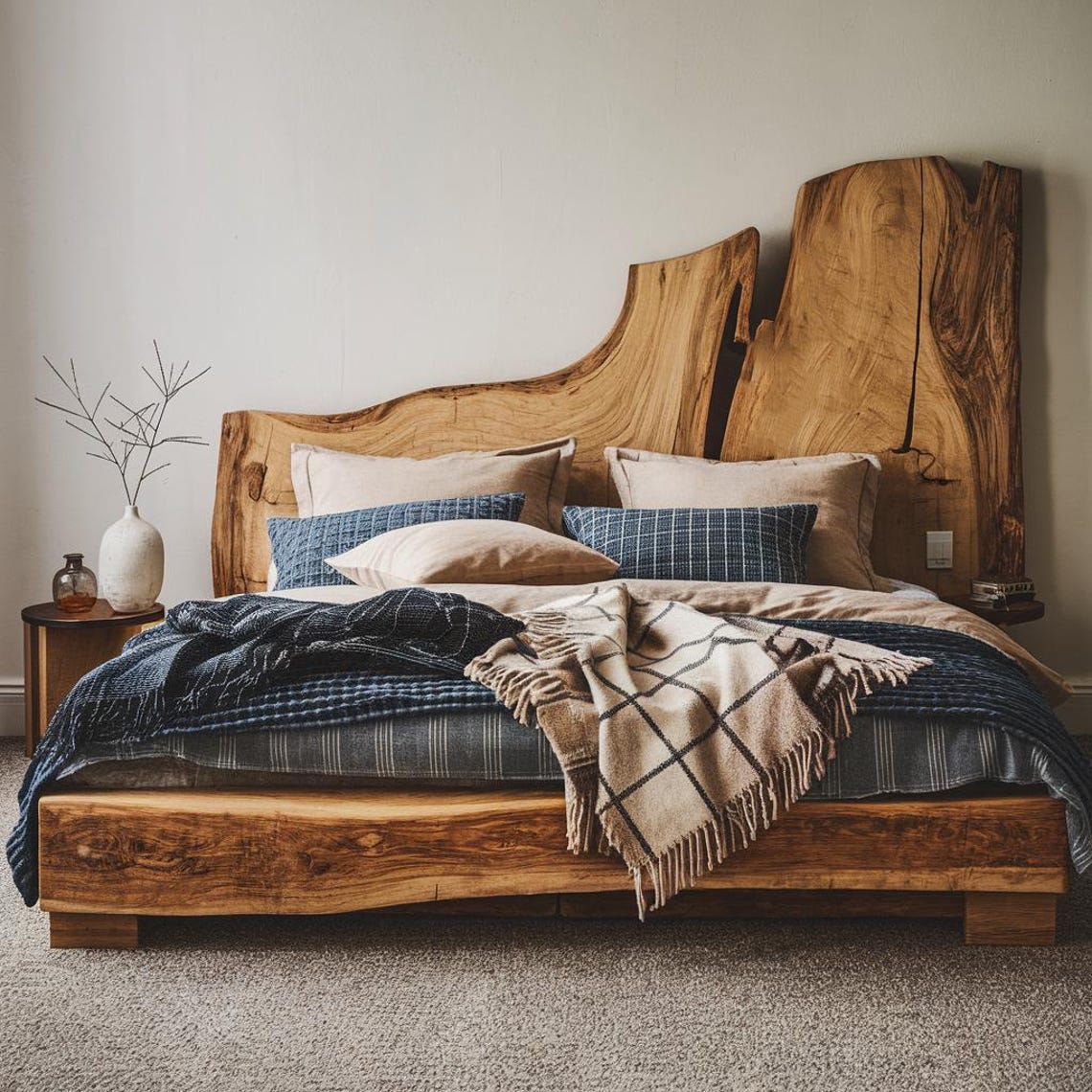 Live Edge Bed Frame and Headboard, Rustic Solid Wood Platform Bed