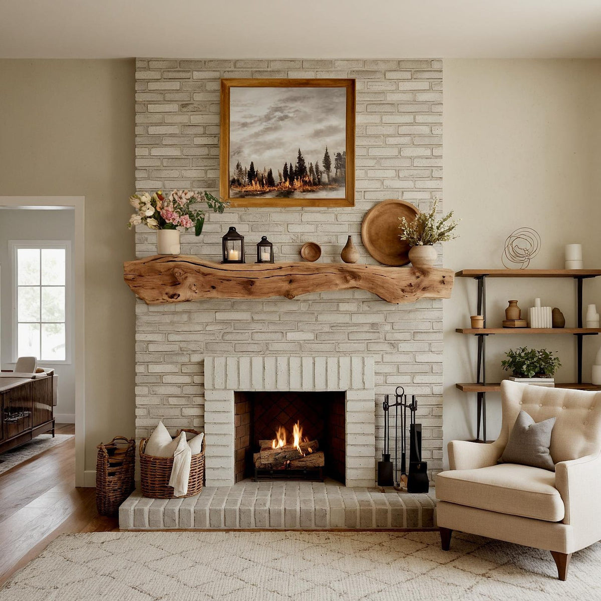 Rustic Floating Fireplace Mantel Shelf, Solid Wood for Living Room