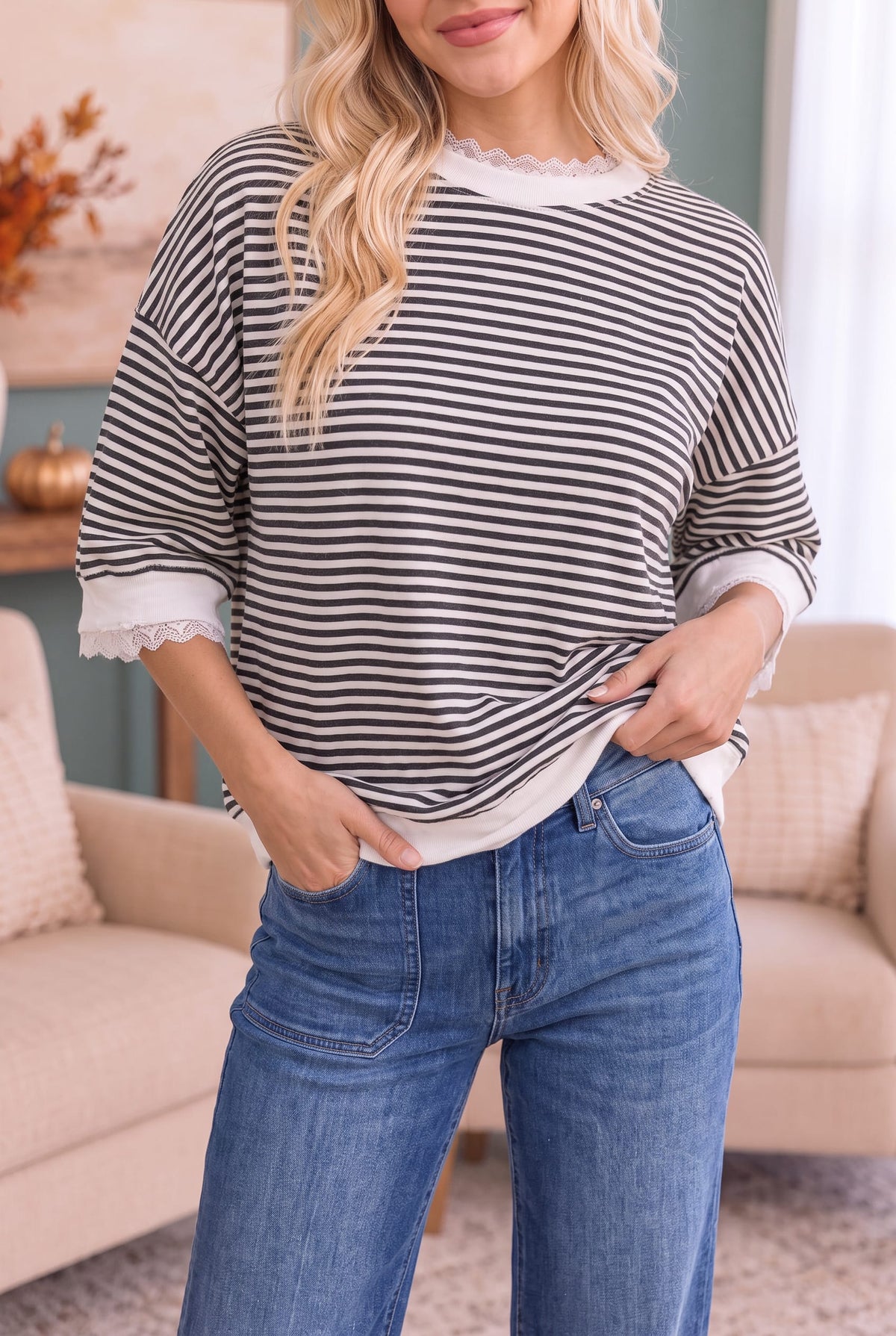 Stripe It Right Lace Trim Top - view 2