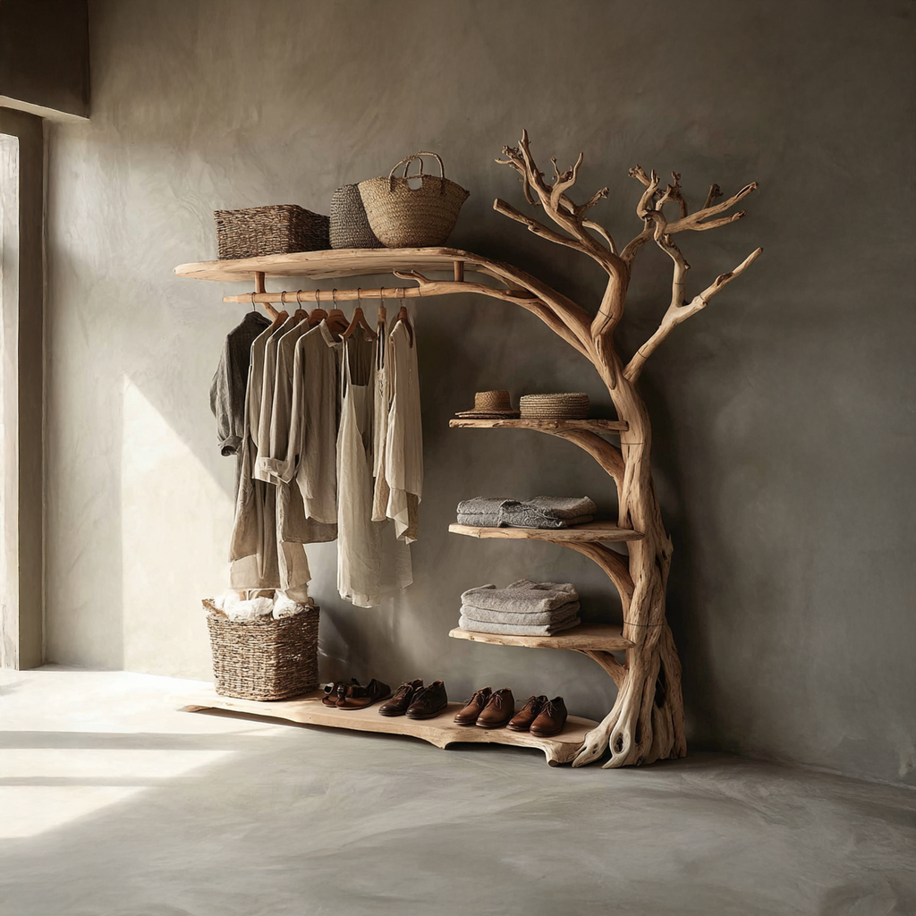 Rustic Tree Coat Rack with Shoe Shelf Live Edge Entryway Organizer