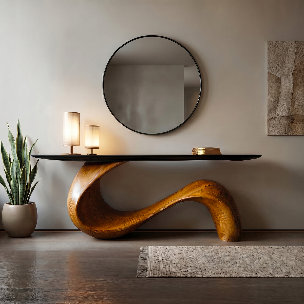 Sculptural Console Table, Mid Century Solid Wood Entryway Table